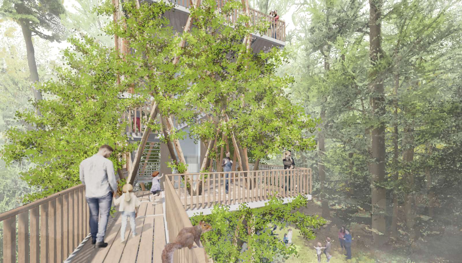 Perspektive mit Blick vom Steg auf den Turm mit jungen Bäumen