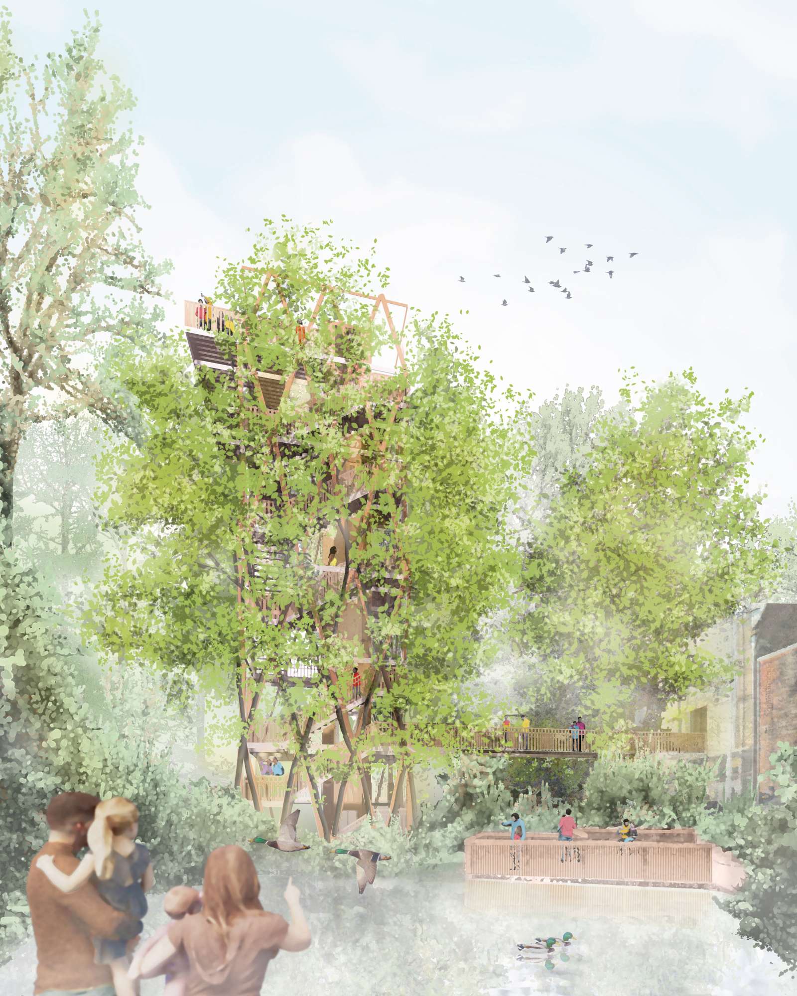 Perspektive Teich mit heranwachsenden Bäumen